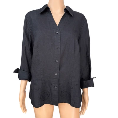 Kate Hill 100% Linen 3/4 Sleeve Embroidered eyelet hem Black Blouse 14W — 第 1/4 张图片
