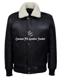  Men's Black Bomber Leather Jacket Fur Collar 100% NAPA Aviator Style (1225) - Picture 1 of 3