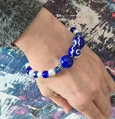 Beach Girl Bracelet Blue Wave Woman Stretch Handmade Glass Beaded Bracelet  - Image 1 of 4