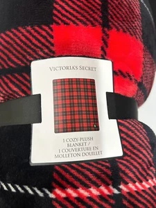 VICTORIA’S SECRET Cozy Plush Fleece Blanket Throw Plaid Red Logo 50"x60" NEW - Picture 1 of 8
