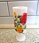 Avon Red + Yellow Roses Flowers White Milk Glass Mug Handled Pedestal Bud Vase