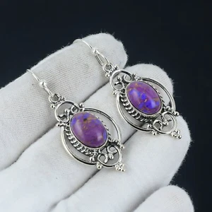 Orecchini Etnici A Goccia In Gemma Turchese Viola In Argento Sterling 925 - Foto 1 di 4