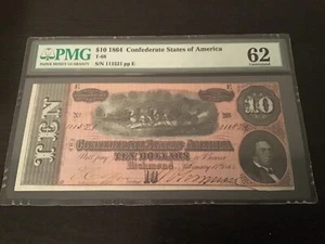 1864 PMG62 Uncirculated $10 Confederate States Of America! - Picture 1 of 2