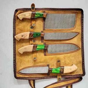 Custom made Damascus steel kitchen/ chef knife set with leather roll bag ZEE-10 - Picture 1 of 6