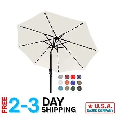 32 LED Lighted 9FT Patio Umbrella - Durable Solar Power Solution in Light Beige - Image 1 of 4
