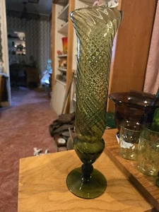 Vintage Green Blown Glass Footed Vase Swirl  Design Motif  15 1/4" Tall - Picture 1 of 6