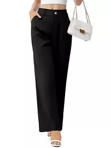Womens Wide Leg Pants High Waisted Capris Straight Long Trousers with Pockets - Picture 1 of 13