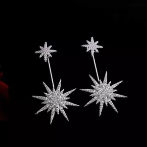 18k White Gold Plated Graduated Starburst Post Drop Earrings Made With Swarovski - Picture 1 of 4