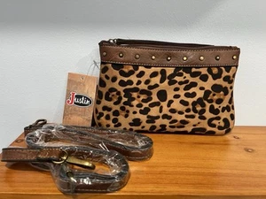 JUSTIN BOOTS NWT Western Studded Animal Print Zip Crossbody Card Slots BRAND NEW - Picture 1 of 10