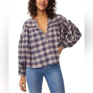 Free People x We The Free Jessi Plaid Bubble Top Small - Picture 1 of 8