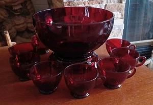 VTG Anchor Hocking MCM Red Royal Ruby Glass Punch Bowl Set-Bowl, Stand & 8 Cups - Picture 1 of 9