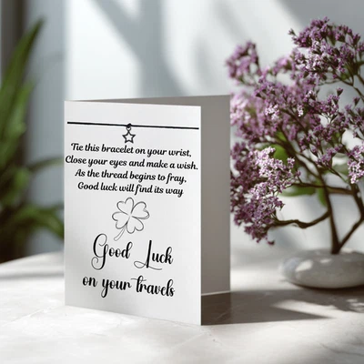 Pulsera de deseos de buena suerte en tus viajes en tarjeta de felicitación con sobre. Foto 1 de 4
