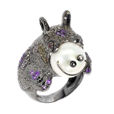 Anillo de Plata de Ley 925 Perla Barroca Amatista Peridoto Hipopótamo Joyería Talla 10 Foto 1 de 4