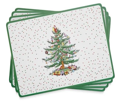 Spode Christmas Tree Polka Dot Placemat Set 4 Hard Cork Back 12x16” New & Sealed - Image 1 of 4