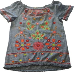 Rocks and Indigo Peasant Tunic Shirt Embroidered Boho Floral Fringe Womens XL - Picture 1 of 10