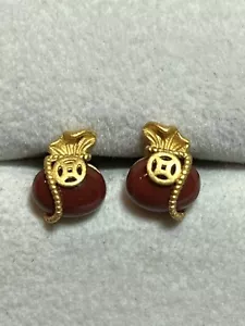 18k Gold über 925 Sterling Silber roter Achat Geldbeutel Geldbörse Glück Ohrringe - Bild 1 von 8