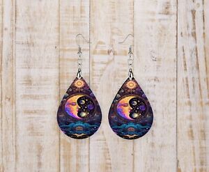 Celestial Moon Handmade Wood Tear Drop Dangle Printed Earrings Jewelry