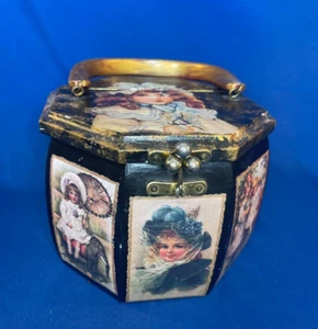 Vintage Walborg Decoupage Achteck Holz Box Handtasche viktorianisch Mädchen Japan gefüttert Rarität - Bild 1 von 19