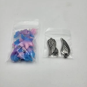 Unicorn Star Heart Bows Pink Blue Purple Marble and Metal Angel Wing Bead Lot - Picture 1 of 14