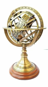 Armillary Sphere Nautical World Globe with Wooden Base Antique 12 inch Brass - Picture 1 of 10