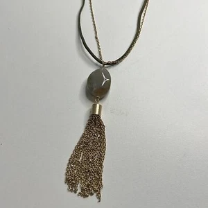 INC International Concepts Gold & Green Necklace w/ Faux Stone & Tassel Pendant! - Picture 1 of 4