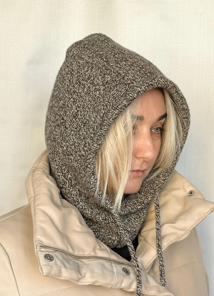 Capuz de malha de lã merino creme marrom dos EUA, capuz com capuz, balaclava feminina - Imagem 1 de 4