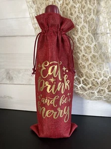 Handmade Burlap Wine Bag With Saying Eat, Drink, And Be Merry - Picture 1 of 2