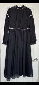 Annah Hariri Dress Black Modest Whitchy Goth Faux Pearl Trim Mock Neck Sz 8 NWT - Picture 1 of 5