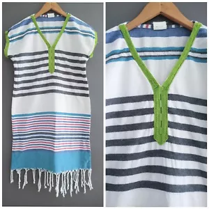 Turkish Hammam White Blue Grey Stripe Kaftan Tunic Dress 6 8 XS Holiday Beach - Picture 1 of 5
