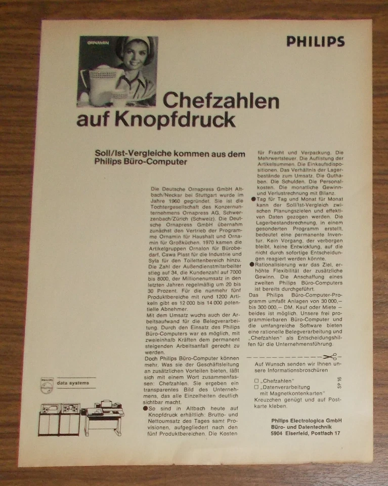 Seltene Werbung PHILIPS Büro-Computer - Chefzahlen auf Knopfdruck 1971 - Image 1 of 1