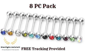 8 PCS Tongue Piercing Bar Body Jewellery 316L Surgical Steel 14G Barbell - Picture 1 of 2