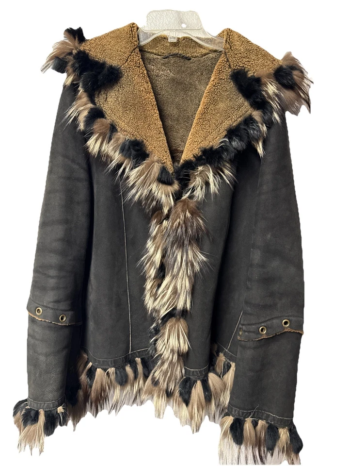 Italy Venezia Black real sheepskin shearling jacket real Fur Trim L/XL - Image 1 of 4
