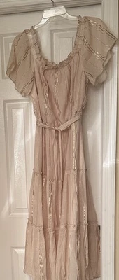 LoveShackFancy maxi dress size XL off the shoulder belted beige/gold tiered  - Image 1 of 4
