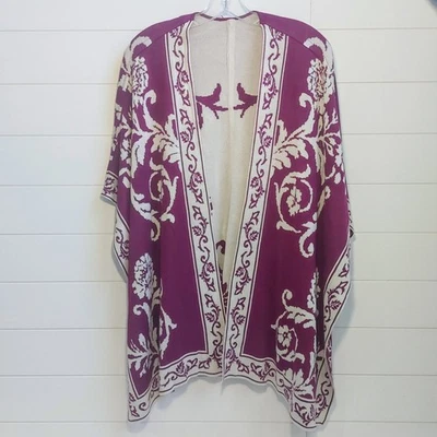 Floral Knit Ruana Knit Wrap Women's Poncho Purple White Damask Reversible Cozy - Image 1 of 4
