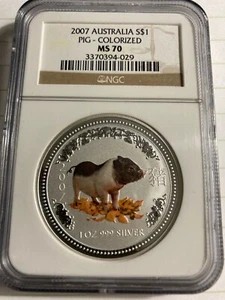 2007 S$1 Silver Colorized Pig 🐖 1oz. NGC MS70 Australia ONLY 45 EXIST 🐷 RARE! - Picture 1 of 2