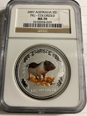 2007 S$1 Silver Colorized Pig 🐖 1oz. NGC MS70 Australia ONLY 45 EXIST 🐷 RARE! - Image 1 of 2