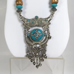 Collar Western Imitación Turquesa Madera Tono Plata Metal Longhorn Calavera Cuentas - Imagen 1 de 5