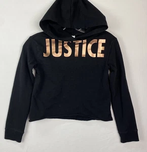 Justice Girls Black Hoodie Size 8 Metallic Copper Graphic Raw Hem #23E - Picture 1 of 5