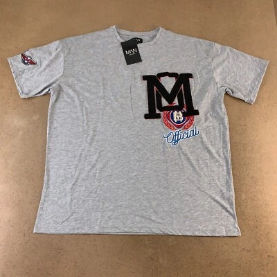 Boohoo 男式小号超大 Heather 灰色校服徽章 T 恤全新带标签 — 第 1/4 张图片