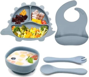 Vajilla Bebe Silicona con Ventosa Plato y Cuenco Cuchara Tenedor Babero Set 5 - Imagen 1 de 9