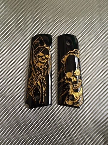 COOL NUEVO AGARRE ORO DIABLO SOBRE RESINA NEGRA PARA COLT 1911 KIMBER CLONES SPRINGFIELD - Imagen 1 de 15