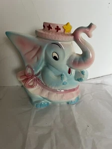 Napco Elephant Planter Vintage Pottery Blue and Pink Trunk Up K4936 - Picture 1 of 4