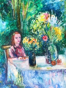 Oil Painting Girl In The Garden Tovpev P. Unframed Original Home Decor nAAA2719 - Picture 1 of 13