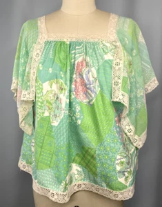 Vintage Blouse SIZE XS green top hippie boho ROSEBUD DUDS patchwork cottage 70s - Picture 1 of 13