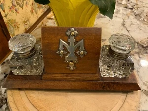 Victorian Era English Oak Double Ink Well Inkstand with Pen Rest Nib Box C1890 - Picture 1 of 12