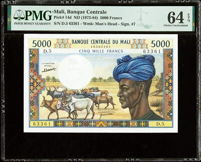 Mali 5000 Francs ND (1972-84) Pick-14d CH UNC PMG 64 EPQ - Image 1 of 2