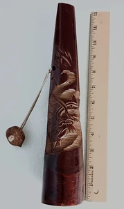 Vintage Japanese Pipe Kiseru Kyoto wood carved Demon Face 12", walnut netsuke - Picture 1 of 14