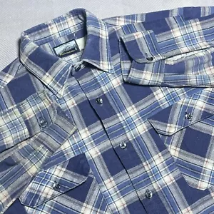 Vintage 1980s Fieldmaster Blue Plaid Flannel Button Up Pocket Shirt Men’s Large - Picture 1 of 14