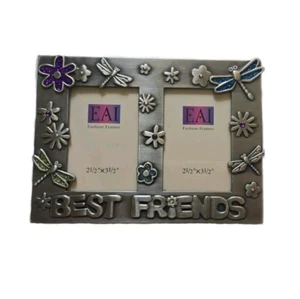 Silvertone Rhinestone Best Friend Double Picture Frame Photo Holder Dragonfly - Picture 1 of 5