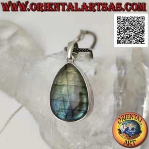 Ciondolo in argento 925‰ grande labradorite a goccia cabochon su montatura lisci - Foto 1 di 5